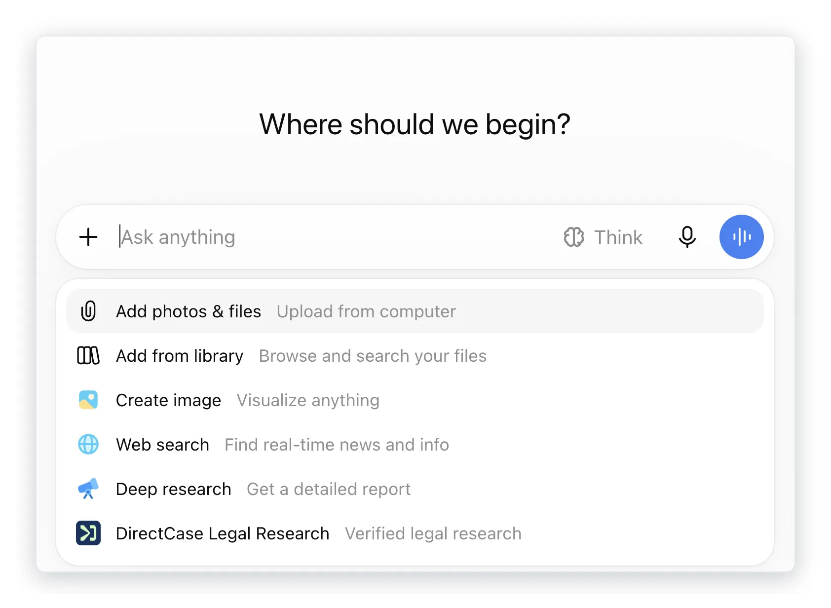 The plus button menu in ChatGPT with DirectCase Legal Research installed
