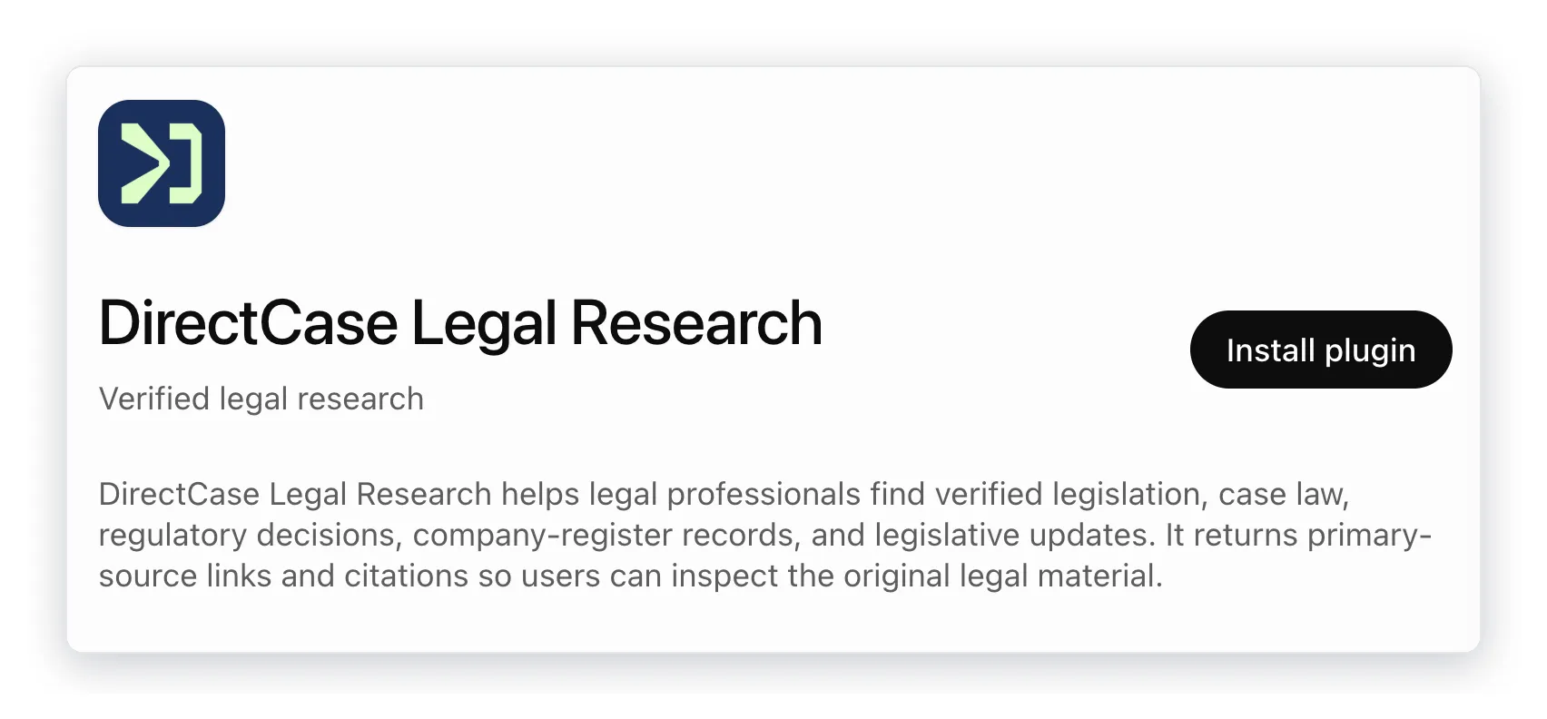 The DirectCase Legal Research entry in the ChatGPT Plugins directory with the Install plugin button